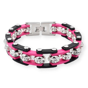 Bracelet Chaîne de Moto Noir et Rose Avec Strass - Mon Bracelet Homme