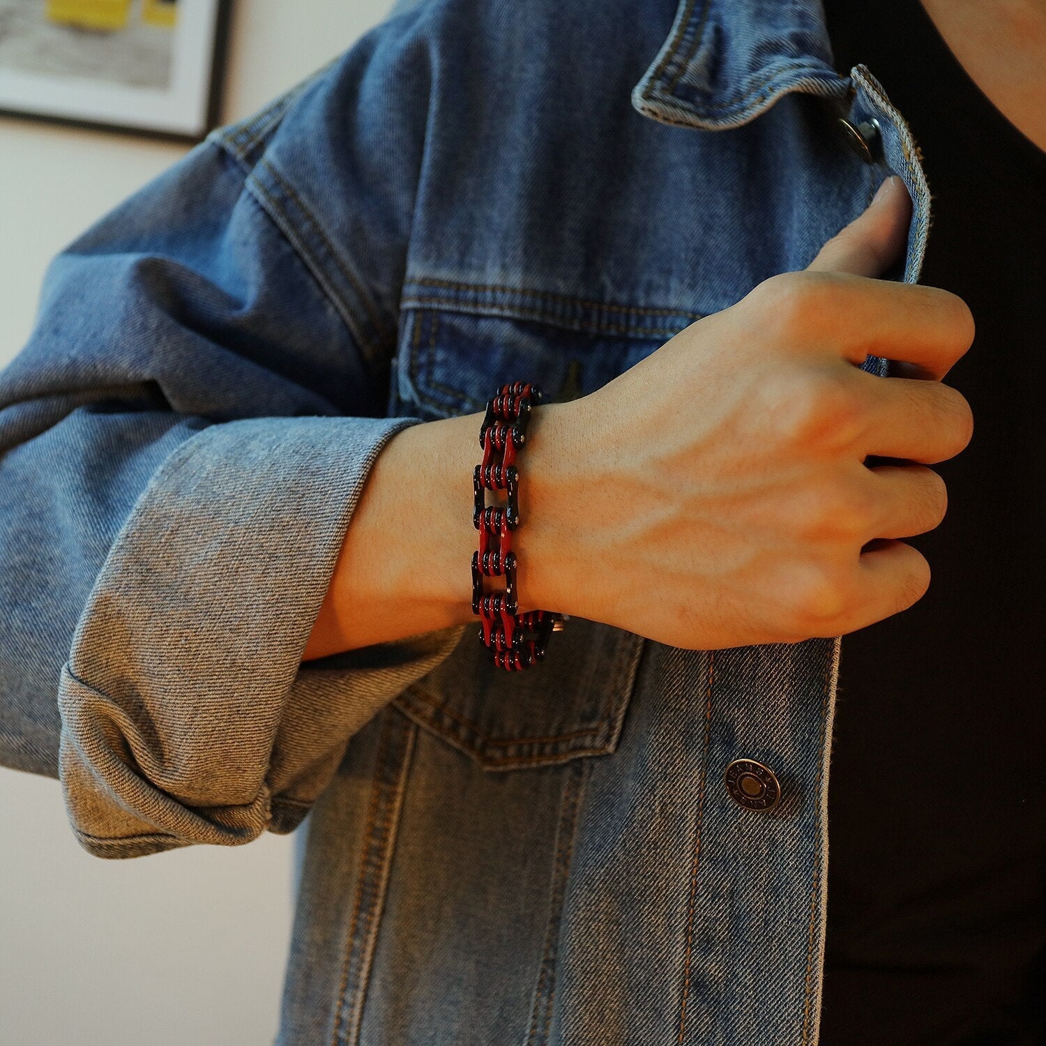 Bracelet Chaîne de Moto Noir et Rouge en Acier Inoxydable Canaan - Mon Bracelet Homme