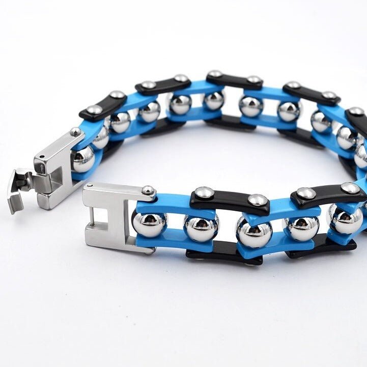 Bracelet Chaîne de Moto Original Bleu en Acier Inoxydable Sawyer - Mon Bracelet Homme