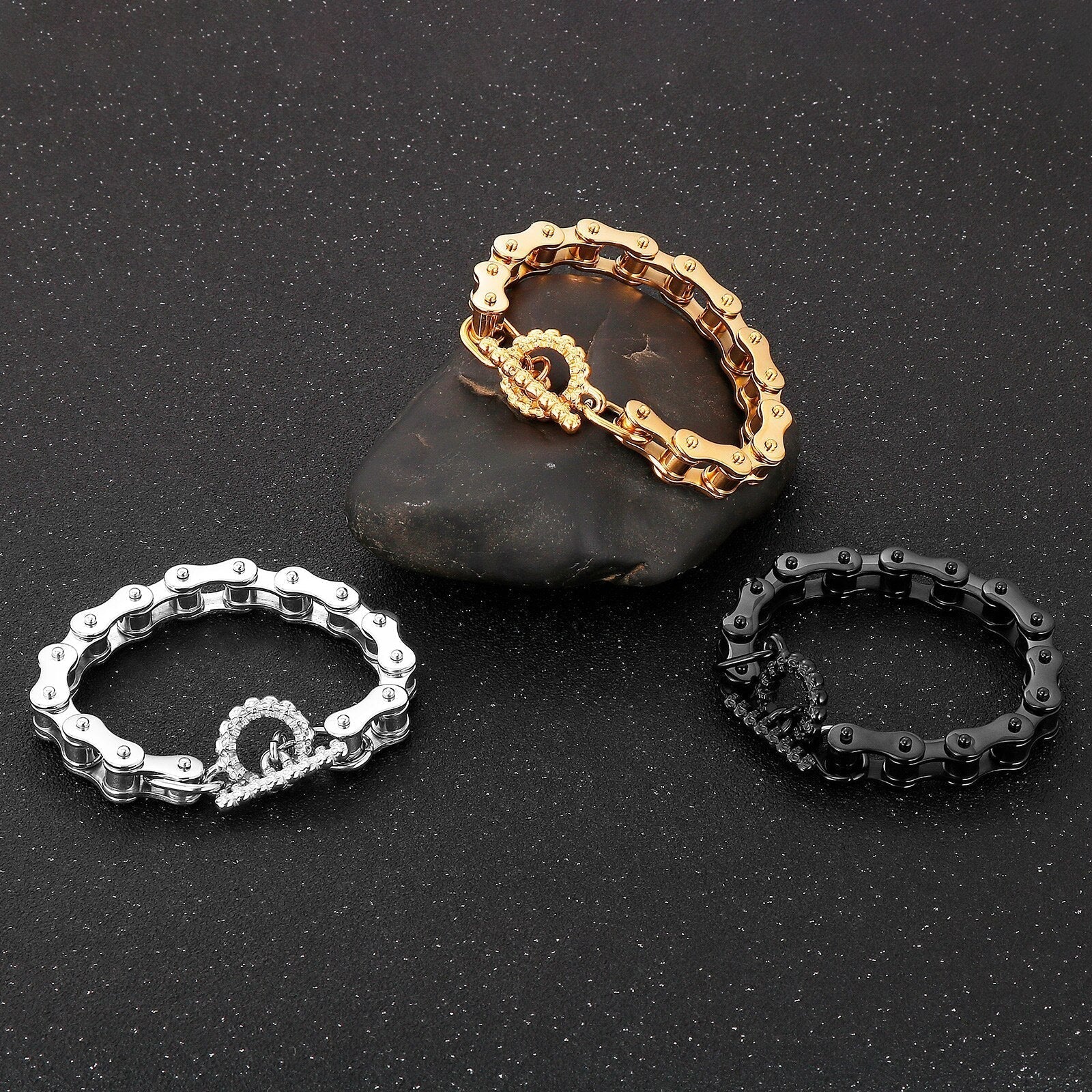 Bracelet Chaîne de Moto Style Punk en Acier Inoxydable Noir - Mon Bracelet Homme