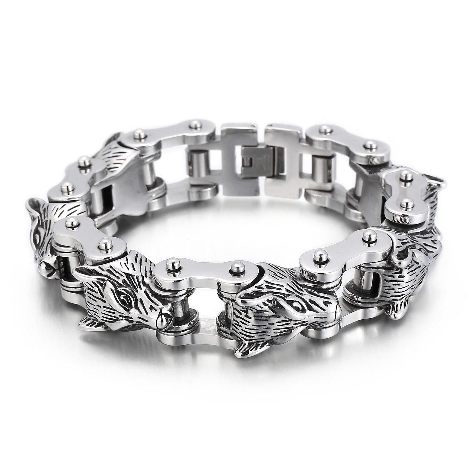 Bracelet Chaîne de Moto Tête de Loup en Acier Inoxydable Argenté - Mon Bracelet Homme