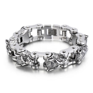 Bracelet Chaîne de Moto Tête de Loup en Acier Inoxydable Argenté - Mon Bracelet Homme