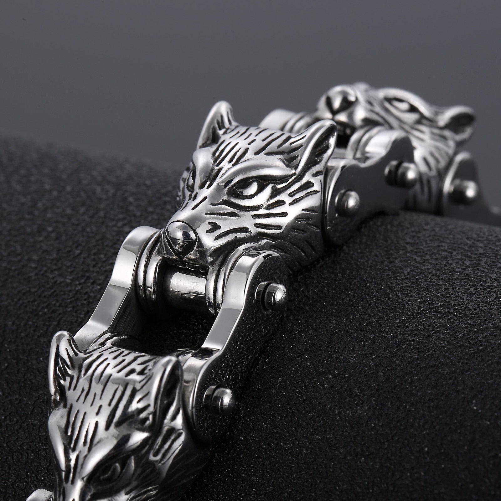 Bracelet Chaîne de Moto Tête de Loup en Acier Inoxydable Argenté - Mon Bracelet Homme