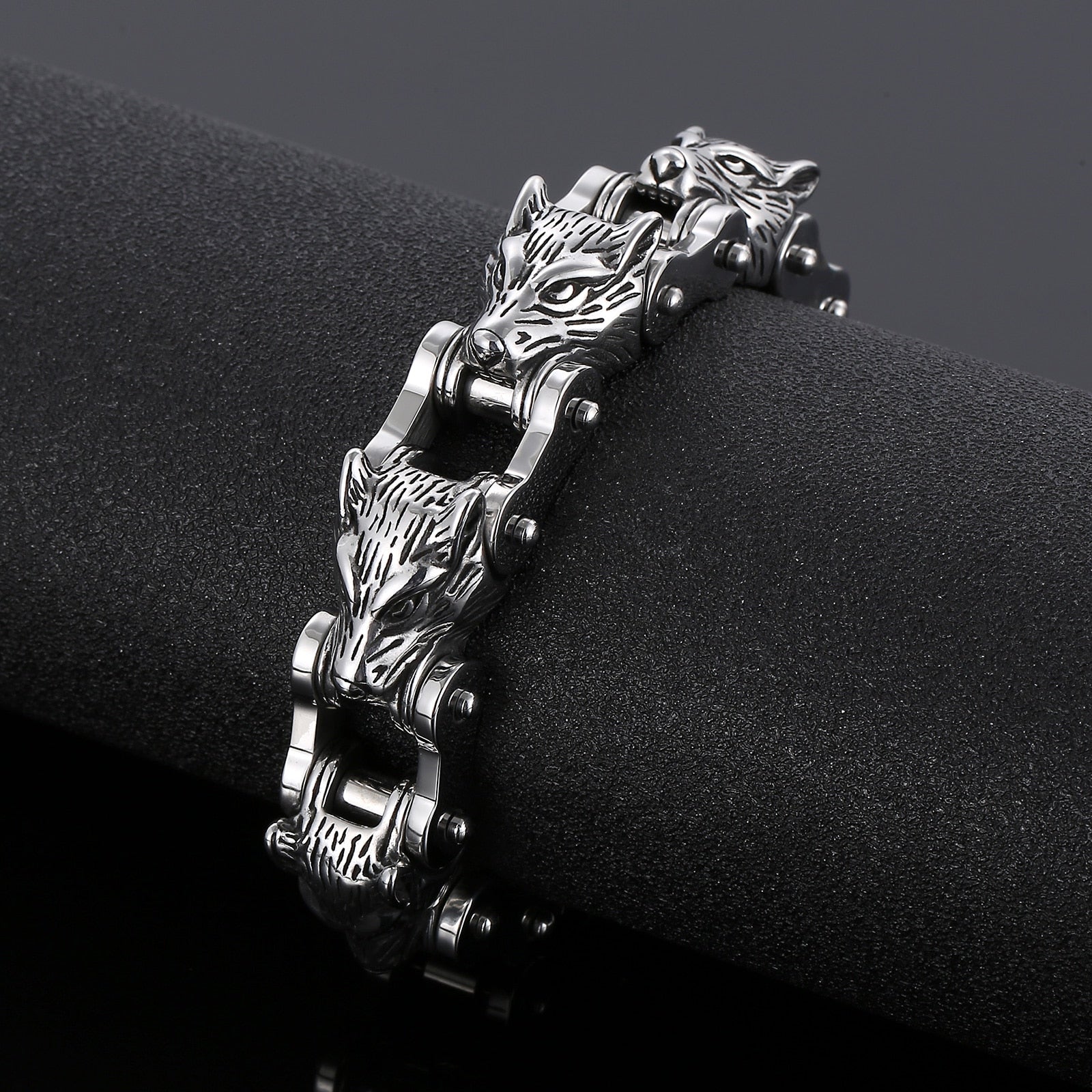 Bracelet Chaîne de Moto Tête de Loup en Acier Inoxydable Argenté - Mon Bracelet Homme