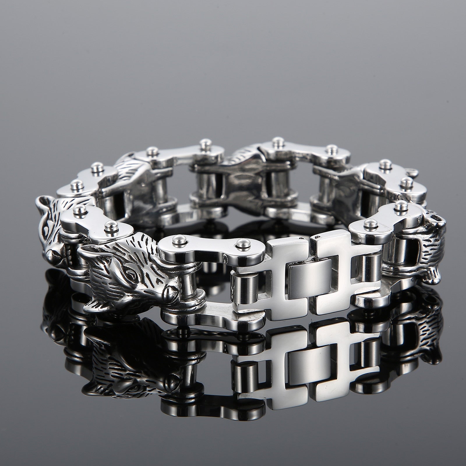 Bracelet Chaîne de Moto Tête de Loup en Acier Inoxydable Argenté - Mon Bracelet Homme
