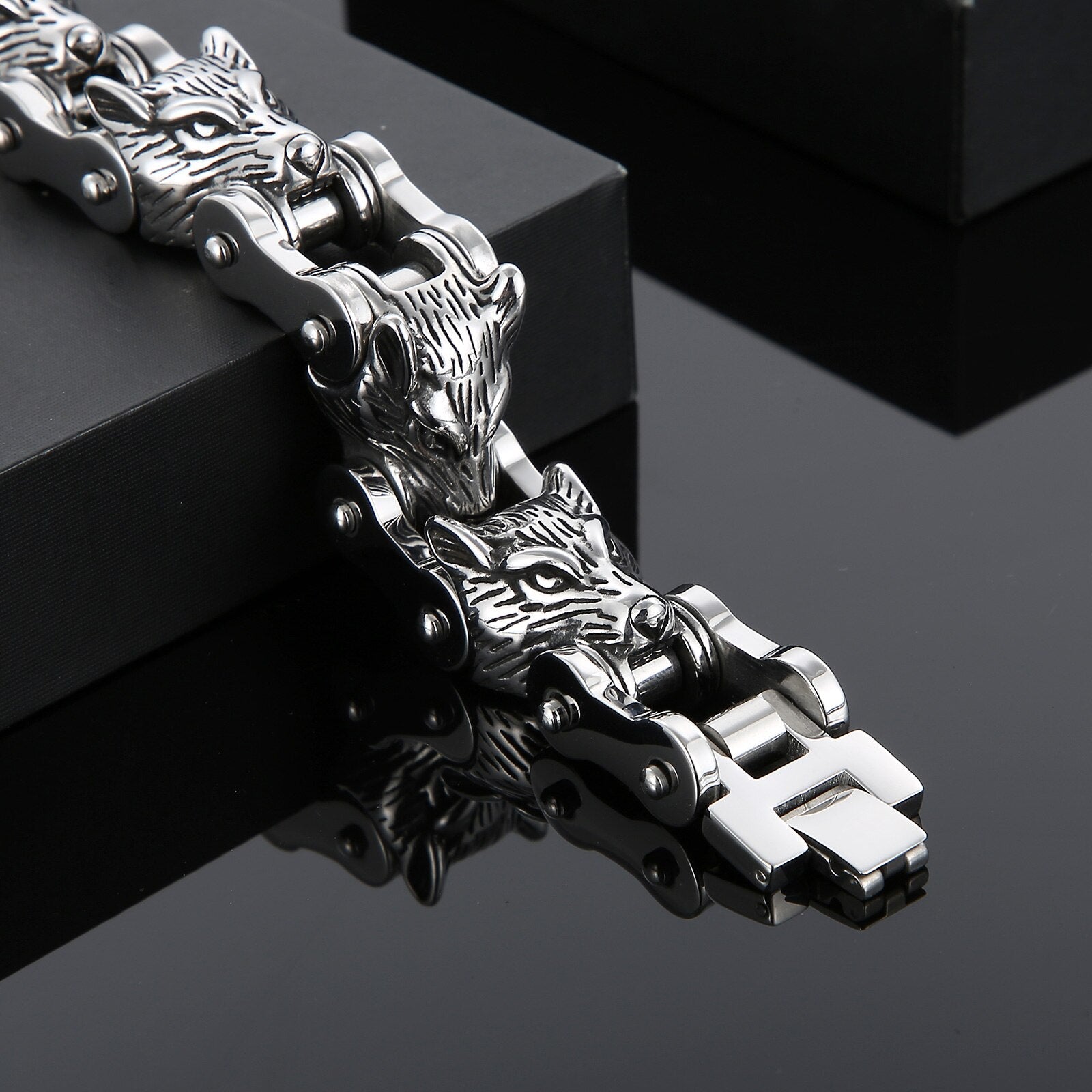Bracelet Chaîne de Moto Tête de Loup en Acier Inoxydable Argenté - Mon Bracelet Homme