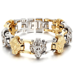 Bracelet Chaîne de Moto Têtes de Lion en Acier - Mon Bracelet Homme