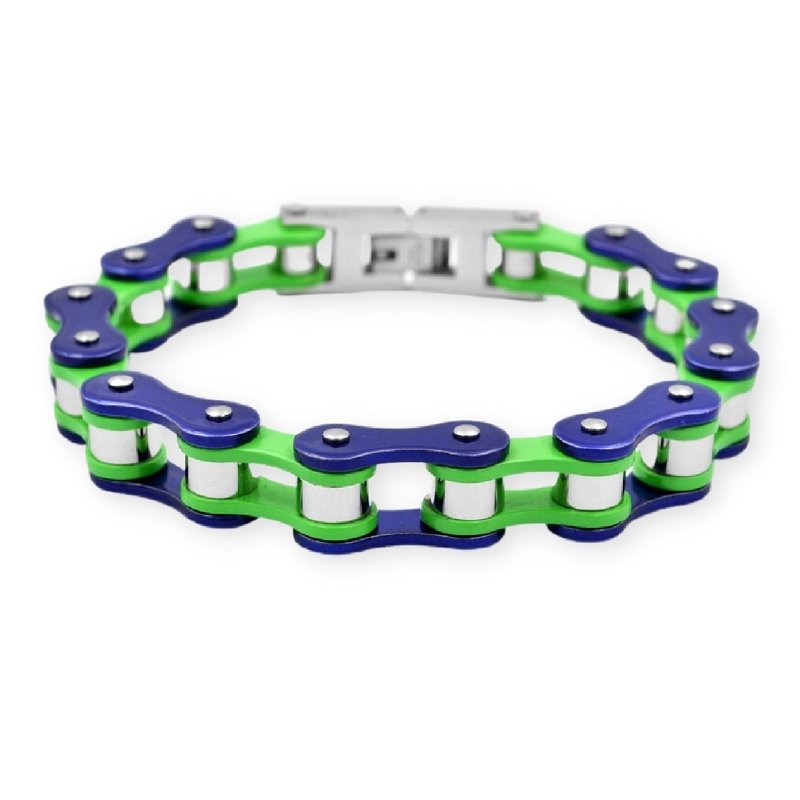 Bracelet Chaîne de Moto Vert et Bleu en Acier Inoxydable Hank - Mon Bracelet Homme