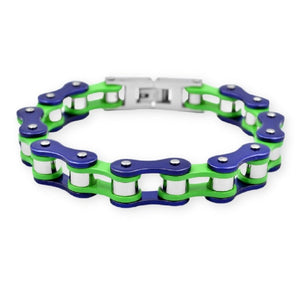 Bracelet Chaîne de Moto Vert et Bleu en Acier Inoxydable Hank - Mon Bracelet Homme