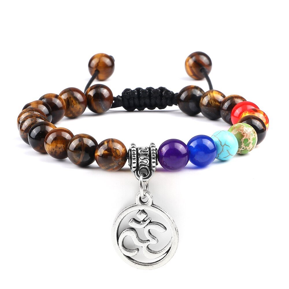 Bracelet Chakra en Oeil de Tigre avec Symbole Aum Argetné Réglable - Mon Bracelet Homme