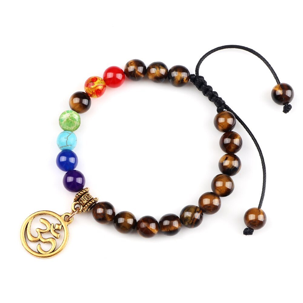 Bracelet Chakra en Oeil de Tigre avec Symbole Aum Doré Réglable - Mon Bracelet Homme