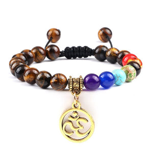 Bracelet Chakra en Oeil de Tigre avec Symbole Aum Doré Réglable - Mon Bracelet Homme