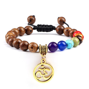 Bracelet Chakra en Perles de Bois avec Symbole Aum Doré Réglable - Mon Bracelet Homme