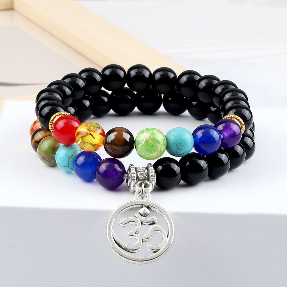 Bracelet Chakra En Perles Noires Brillantes avec Symbole Aum Argenté - Mon Bracelet Homme