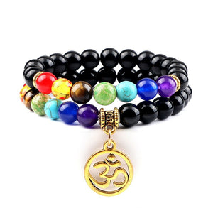 Bracelet Chakra En Perles Noires Brillantes avec Symbole Aum Doré - Mon Bracelet Homme