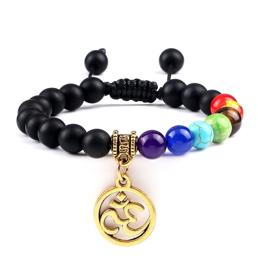 Bracelet Chakra en Perles Noires Mates avec Symbole Aum Doré Réglable - Mon Bracelet Homme