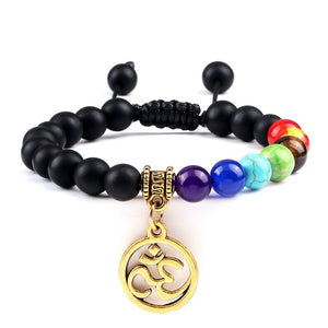 Bracelet Chakra en Perles Noires Mates avec Symbole Aum Doré Réglable - Mon Bracelet Homme