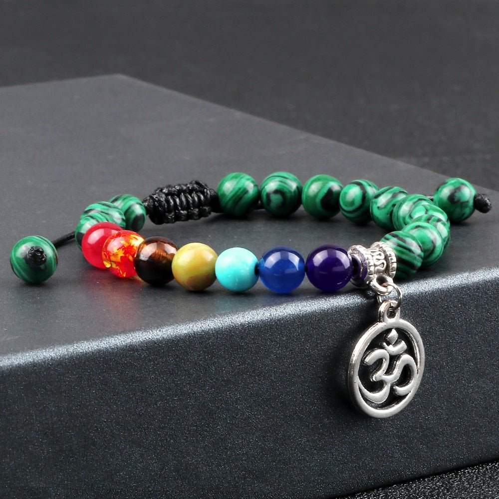 Bracelet Chakra en Perles Vertes avec Symbole Aum Argenté Réglable - Mon Bracelet Homme