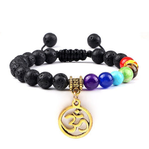 Bracelet Chakra en Pierre de Lave avec Symbole Aum Doré Réglable - Mon Bracelet Homme