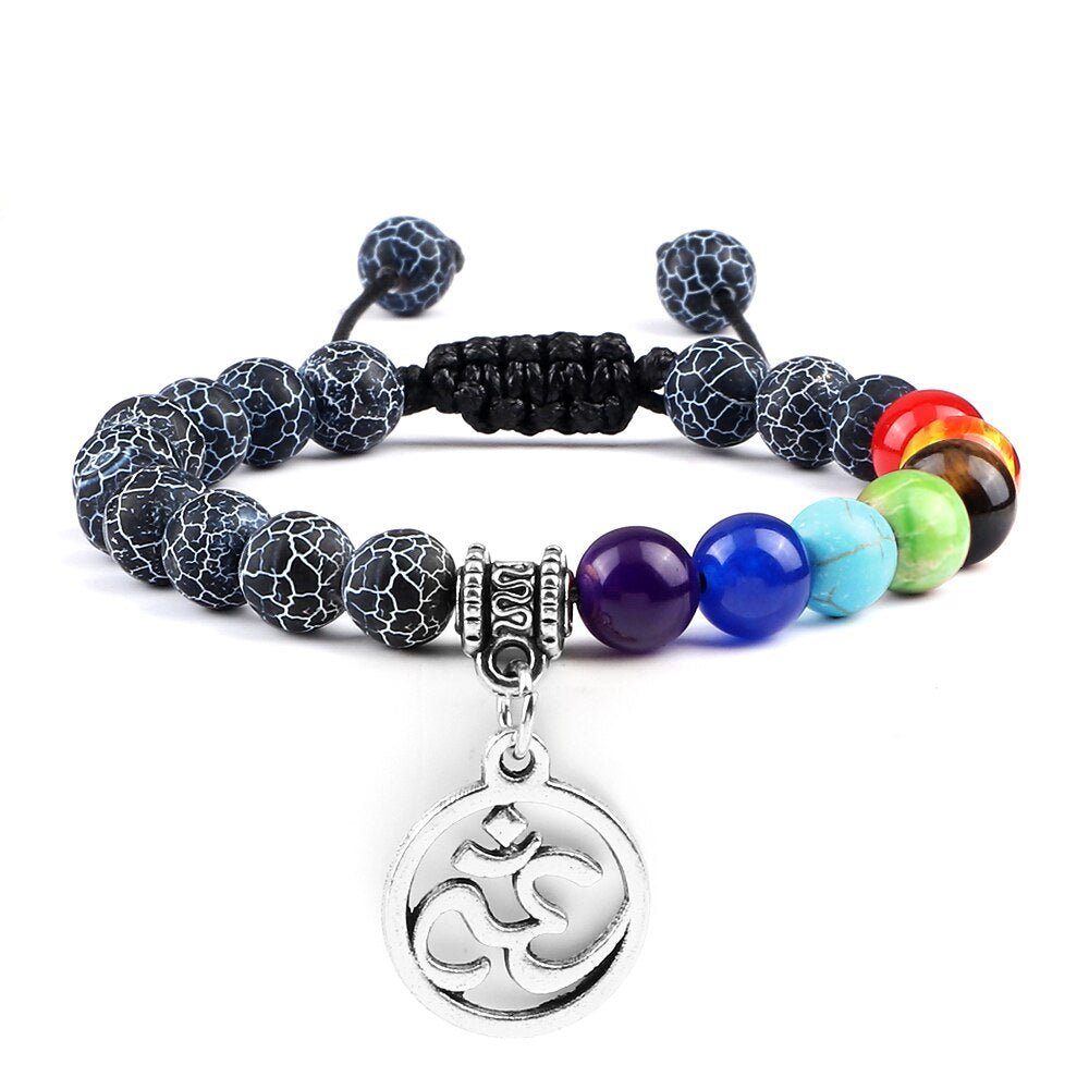 Bracelet Chakra en Pierres Noires avec Symbole Aum Argenté Réglable - Mon Bracelet Homme