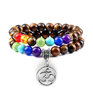Bracelet Chakra Homme En Oeil de Tigre avec Symbole Bouddhiste Aum Argenté - Mon Bracelet Homme