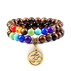 Bracelet Chakra Homme En Oeil de Tigre avec Symbole Bouddhiste Aum Doré - Mon Bracelet Homme