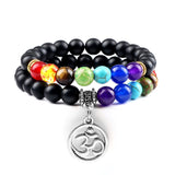Bracelet Chakra Homme En Perles Noires avec Symbole Aum Argenté