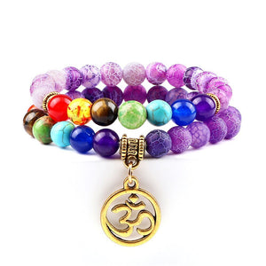Bracelet Chakra Homme En Perles Rose avec Symbole Bouddhiste Aum Doré - Mon Bracelet Homme