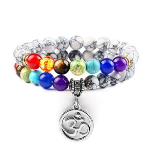 Bracelet Chakra Homme En Pierres Blanches avec Symbole Bouddhiste Aum Argenté - Mon Bracelet Homme