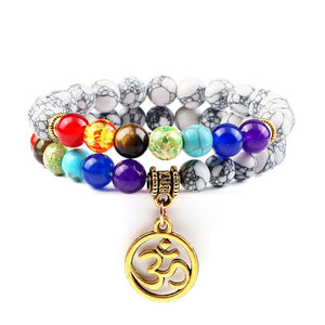 Bracelet Chakra Homme En Pierres Blanches avec Symbole Bouddhiste Aum Doré - Mon Bracelet Homme
