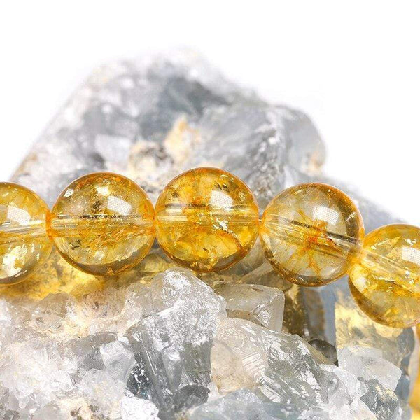 Bracelet Boules 6mm En Citrine Avec Breloque Bouddha Doré - 16/18 Cm, Neuf Avec étiquettes