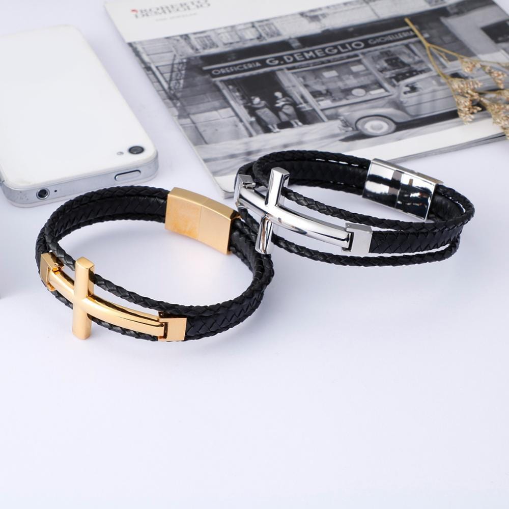 Bracelet Classe avec Croix en Cuir - Mon Bracelet Homme