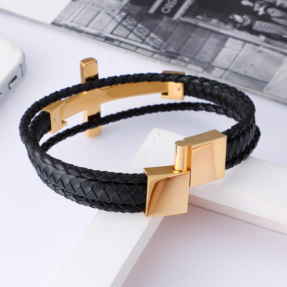 Bracelet Classe avec Croix en Cuir - Mon Bracelet Homme