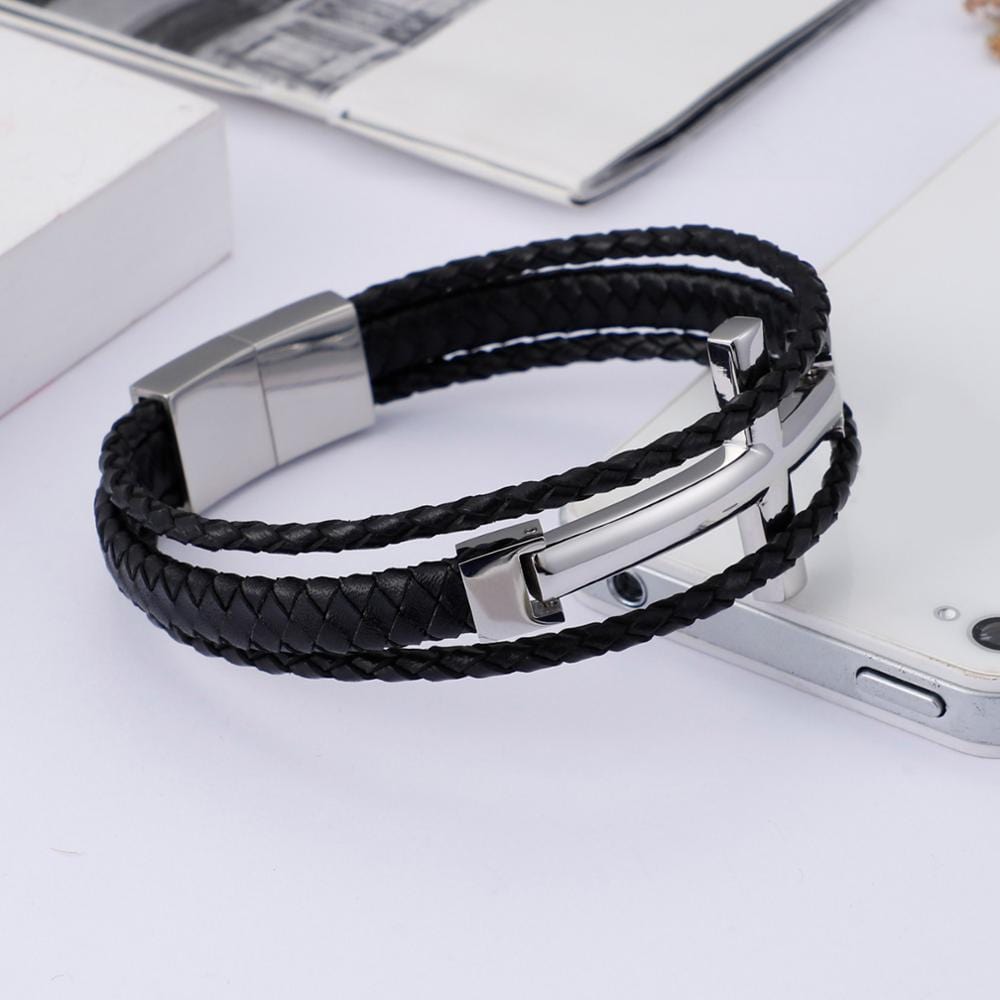 Bracelet Classe avec Croix en Cuir - Mon Bracelet Homme