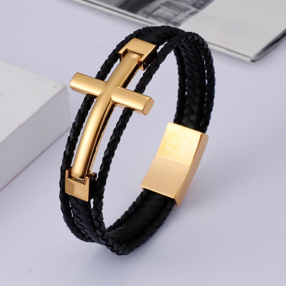 Bracelet Classe avec Croix en Cuir - Mon Bracelet Homme
