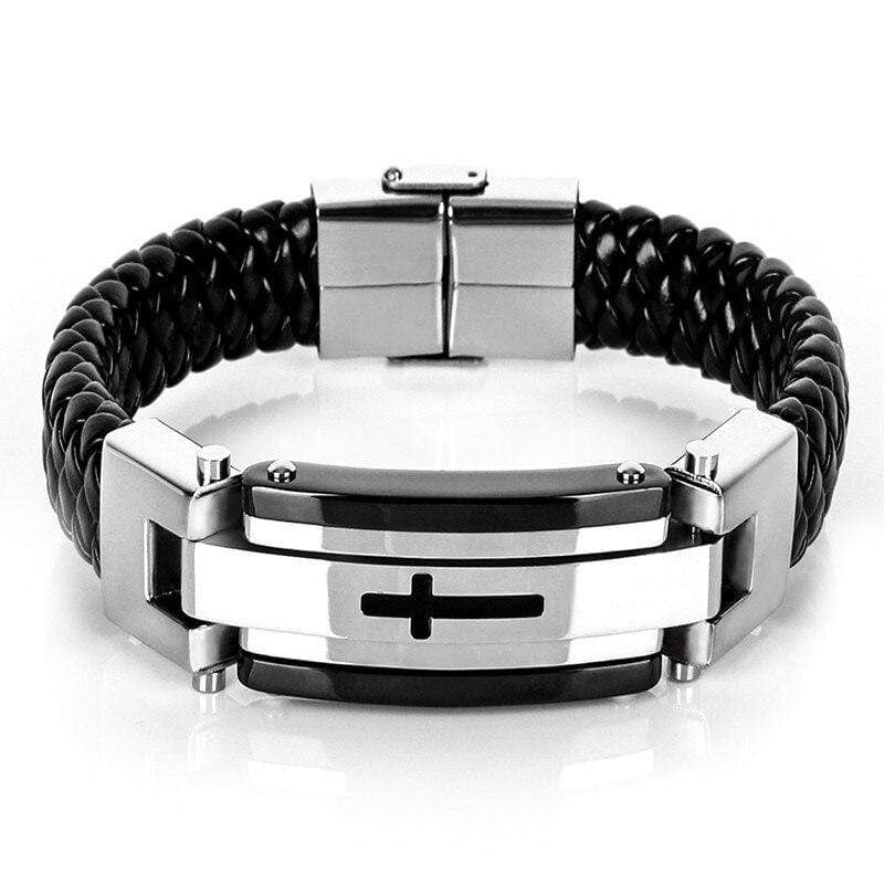 Bracelet Croix Homme Noir en Cuir Tressé - Mon Bracelet Homme