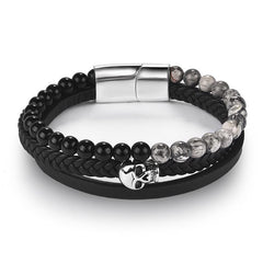 Bracelet Cuir et Perle Tête de Mort en Pierre