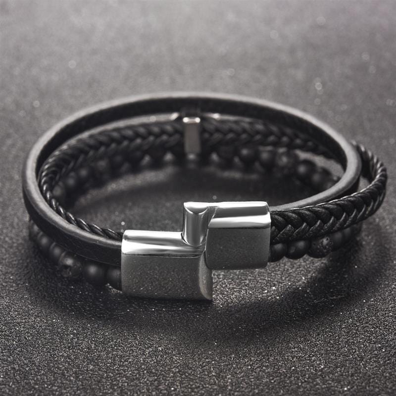 Bracelet Cuir et Perle Tête de Mort en Pierre - Mon Bracelet Homme
