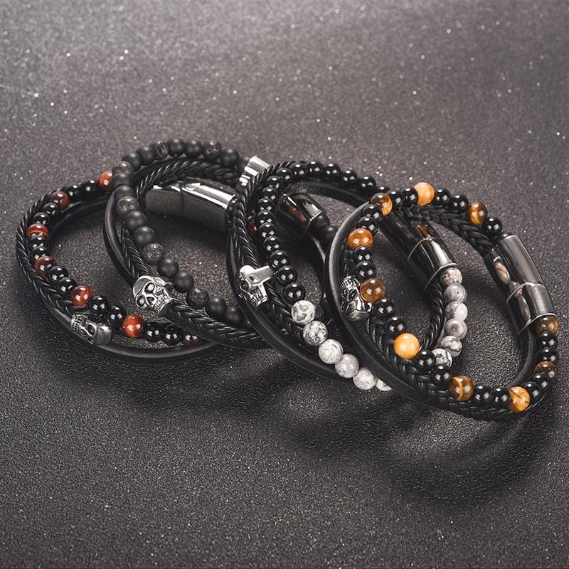 Bracelet Cuir et Perle Tête de Mort en Pierre - Mon Bracelet Homme