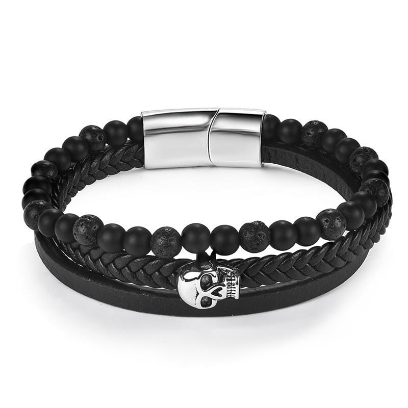 Bracelet Cuir et Perle Tête de Mort en Pierre - Mon Bracelet Homme