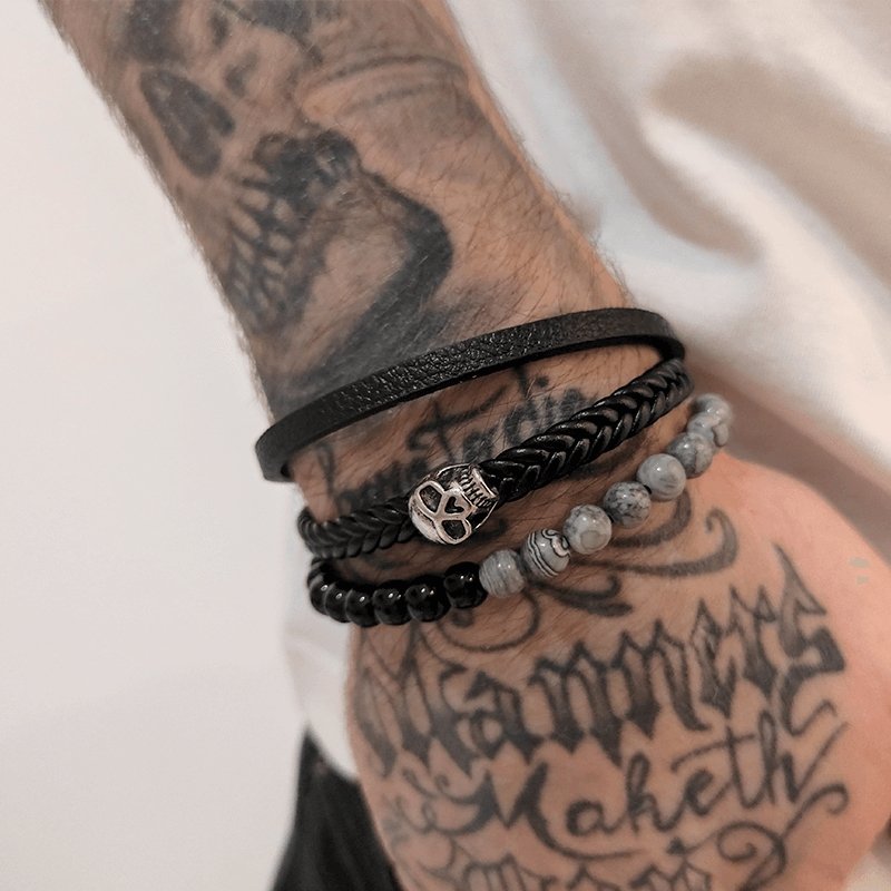 Bracelet Cuir et Perle Tête de Mort en Pierre - Mon Bracelet Homme