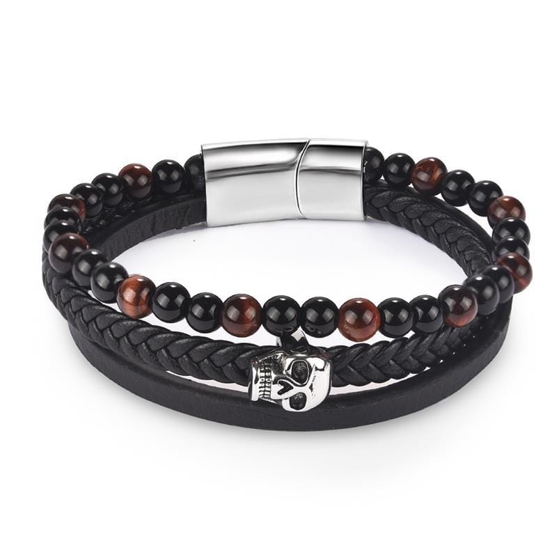 Bracelet Cuir et Perle Tête de Mort en Pierre - Mon Bracelet Homme