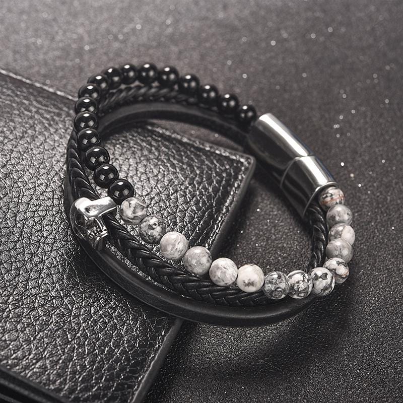 Bracelet Cuir et Perle Tête de Mort en Pierre - Mon Bracelet Homme