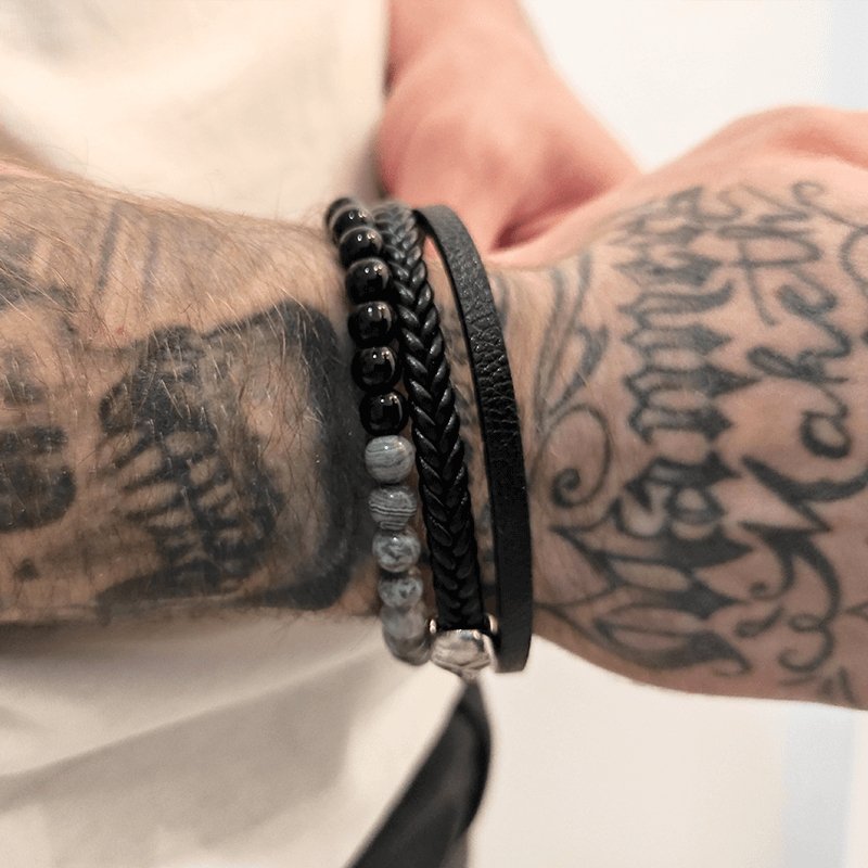 Bracelet Cuir et Perle Tête de Mort en Pierre - Mon Bracelet Homme