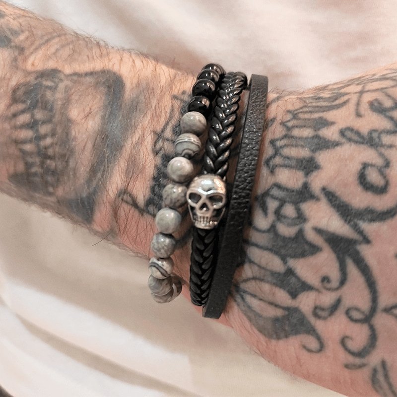 Bracelet Cuir et Perle Tête de Mort en Pierre - Mon Bracelet Homme