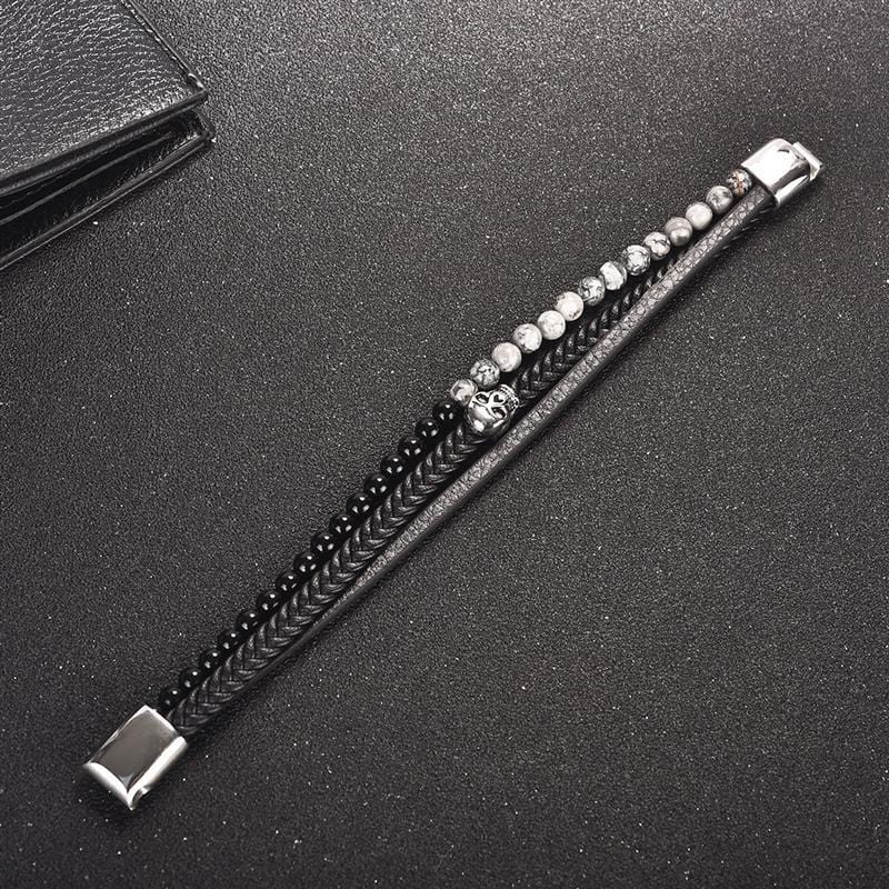 Bracelet Cuir et Perle Tête de Mort en Pierre - Mon Bracelet Homme