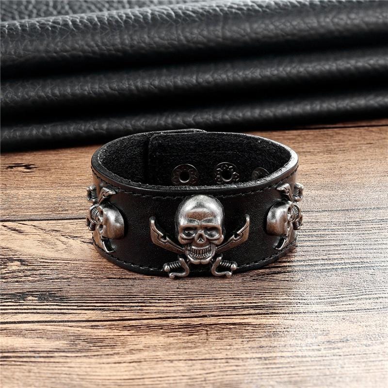 Bracelet Cuir Noir Tete de Mort - Mon Bracelet Homme