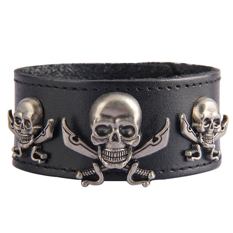 Bracelet Cuir Noir Tete de Mort - Mon Bracelet Homme
