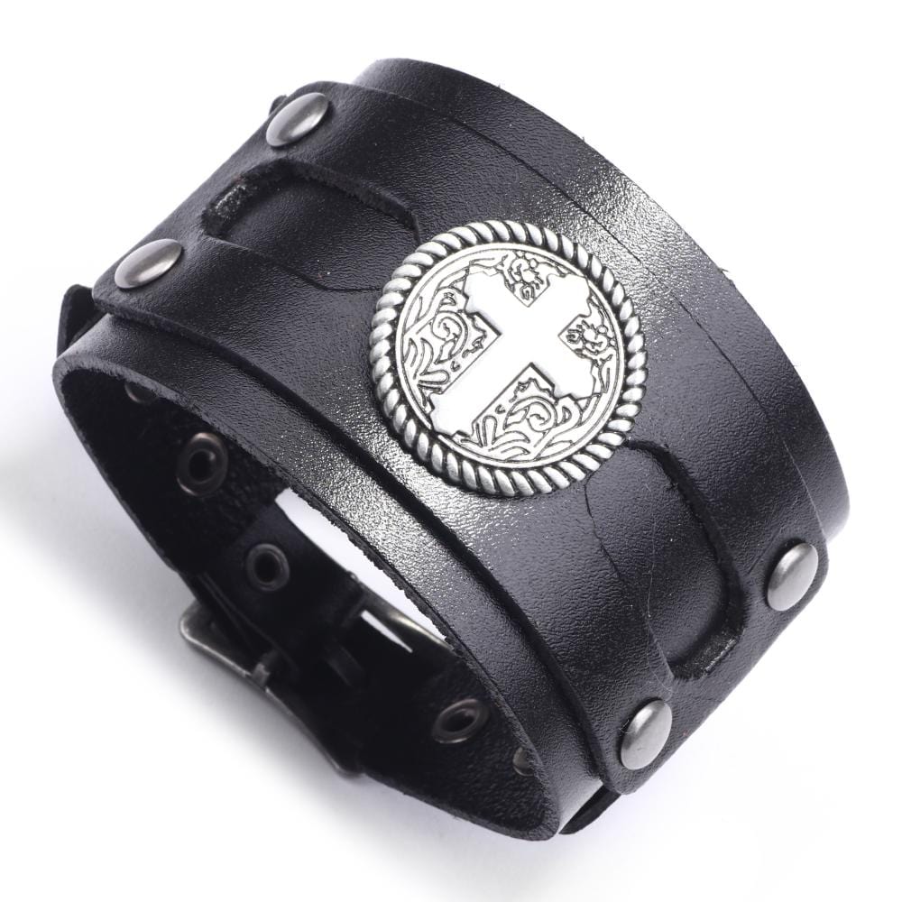 Bracelet de Force avec Croix en Cuir - Mon Bracelet Homme