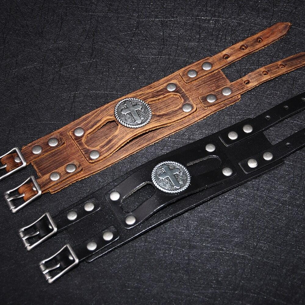 Bracelet de Force avec Croix en Cuir - Mon Bracelet Homme